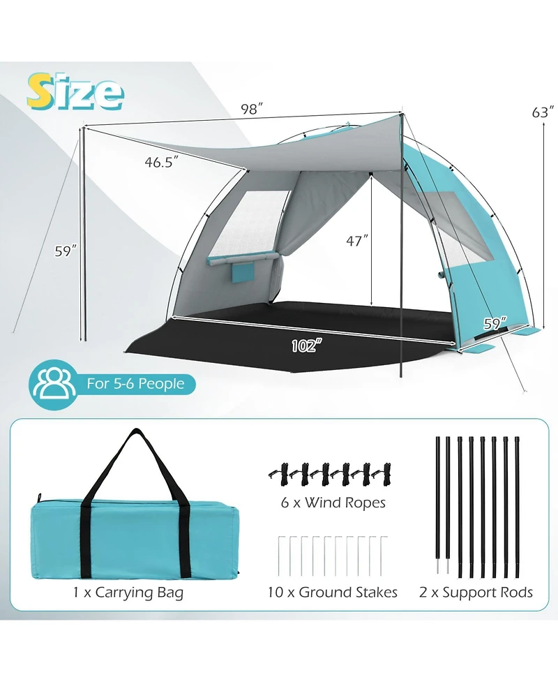 Costway Beach Tent Sun Shelter with Canopy Pop-Up 5-6 Person UPF50+