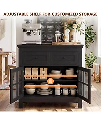 Aheaplus Farmhouse Kitchen Cabinet with Drawers and Tempered Glass Display Door