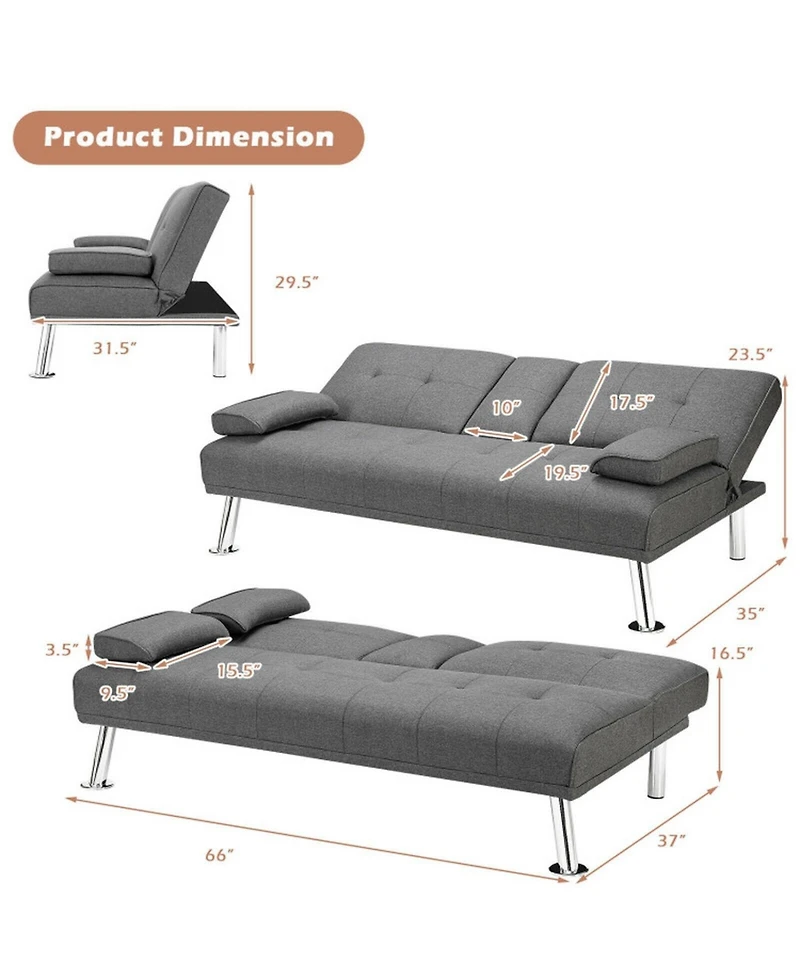 Gouun Convertible 66 Inch Futon Sofa Bed Linen Fabric with 2 Cup Holders