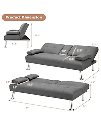 Gouun Convertible 66 Inch Futon Sofa Bed Linen Fabric with 2 Cup Holders