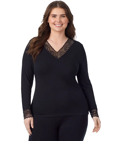 Cuddl Duds Plus Softwear with Stretch Long-Sleeve V-Neck Lace Top