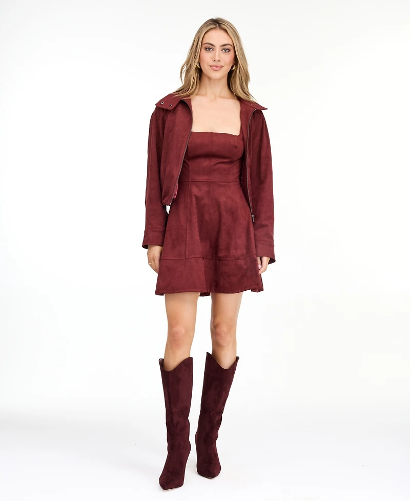 Kittenish Women's Porter Faux-Suede Bomber Funnel Neck Jacket