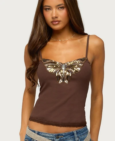 Edikted Women's Sequin Butterfly V-Neck Tank Top
