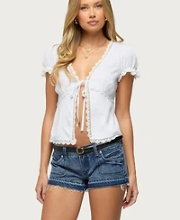 Edikted Women's Eman Lacey Short-Sleeve V-Neck Tie-Front Top