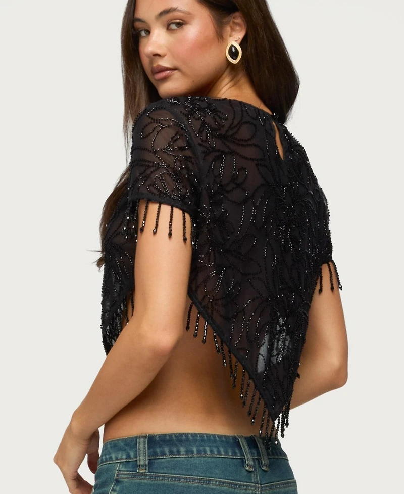 Edikted Women's Yanna Beaded Fringe Mesh Poncho Top