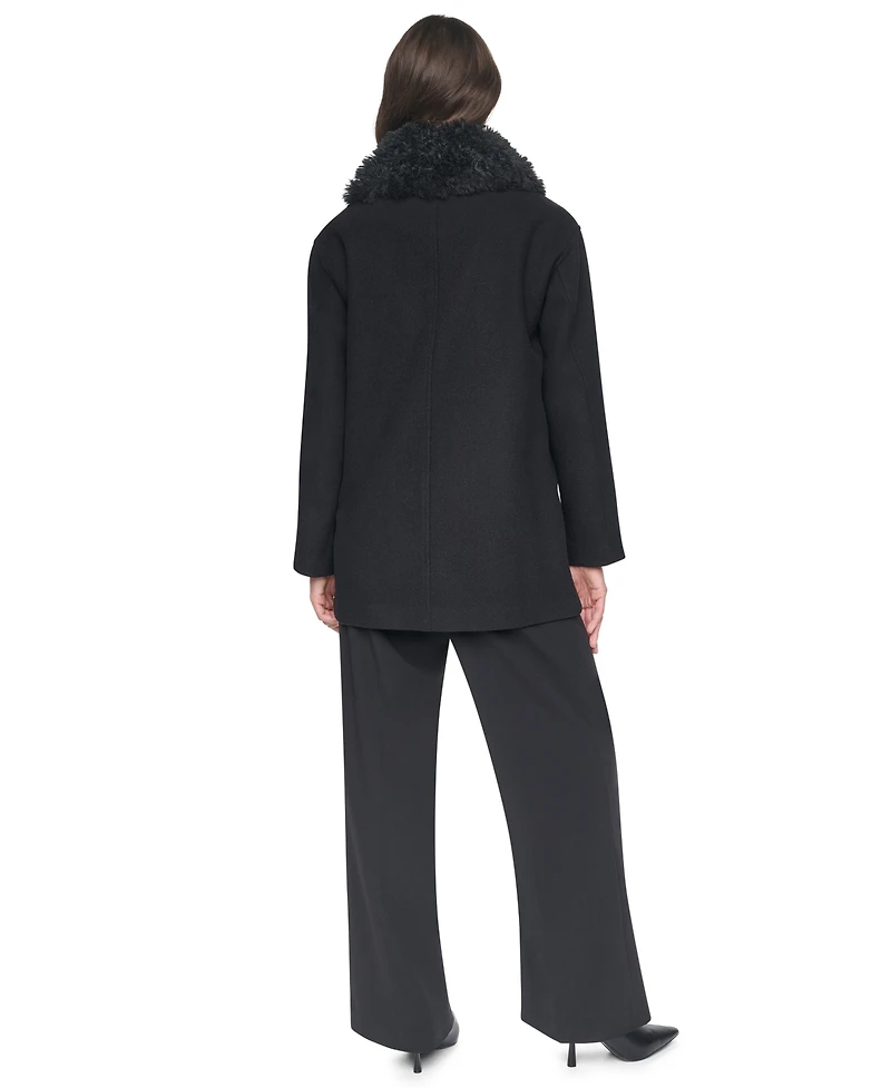 Dkny Women's Faux-Fur Collared Wool-Blend Mid-Length Coat