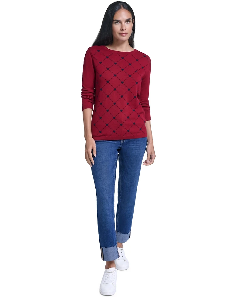 Nautica Women's Argyl Hearts Crewneck Long-Sleeve Cotton Sweater