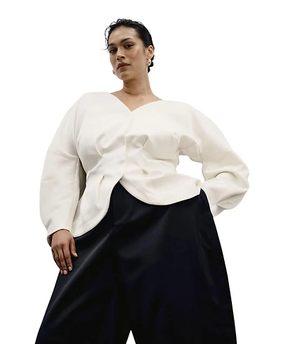 11 Honore Plus Crescent Moon Puff-Sleeve V-Neck Jacket
