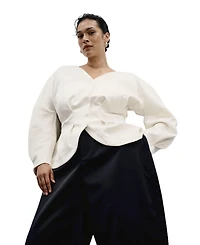 11 Honore Plus Crescent Moon Puff-Sleeve V-Neck Jacket
