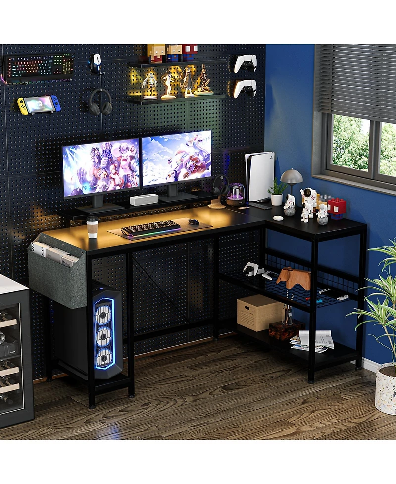 homfan 49" L Shaped Computer Desk with Power Outlet and Led Lights,Reversible Corner Writing Table,Storage Shelves, Monitor Stand