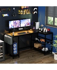 homfan 49" L Shaped Computer Desk with Power Outlet and Led Lights,Reversible Corner Writing Table,Storage Shelves, Monitor Stand