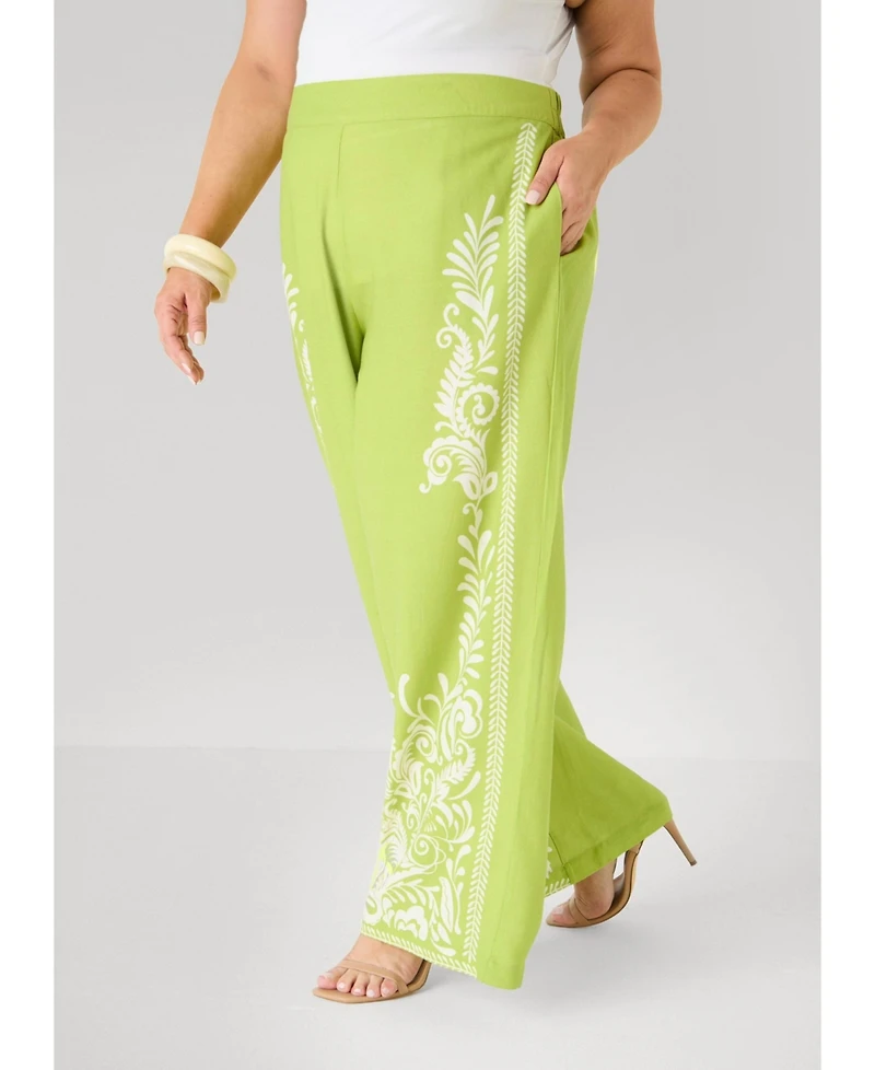 Ashley Stewart Plus Leaf-Print Pull-On Wide-Leg Linen-Blend Pants
