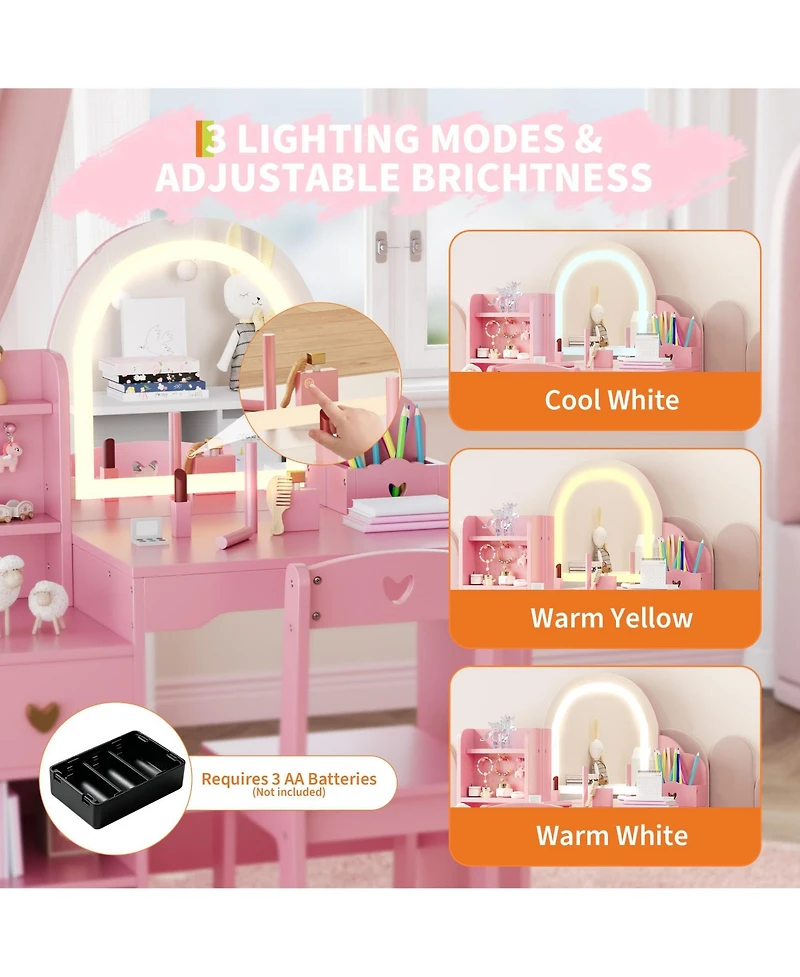 gaomon Kids Vanity Table and Chair Set, Set with Open Shelves, Hook, Drawer, Double Layered Cabinet, Pen Holder