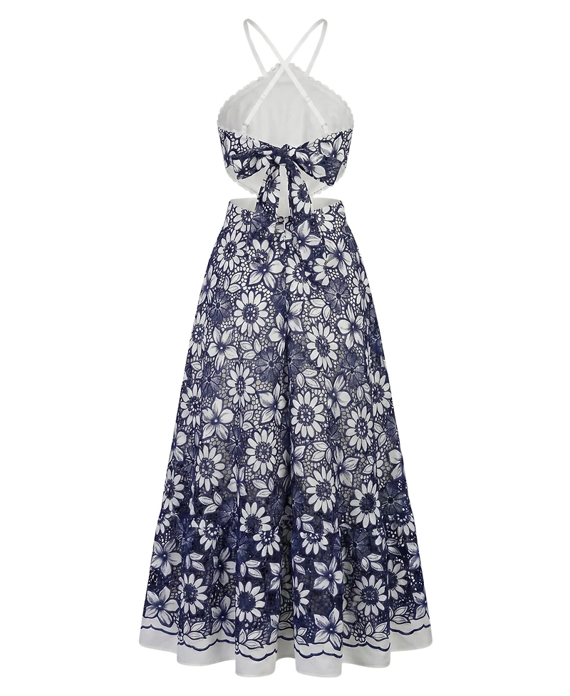 Modenaire Women's Embroidered Floral Halter Midi Dress