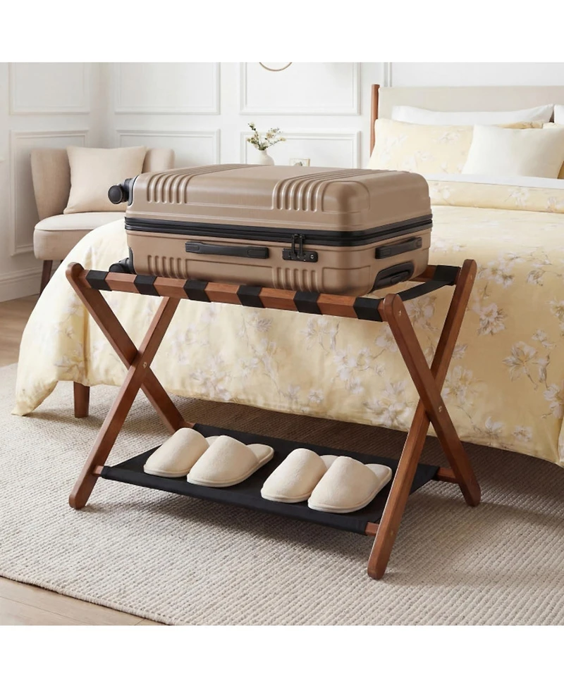 Sugift Solid Rubberwood Folding Luggage Rack with Nylon Shelves