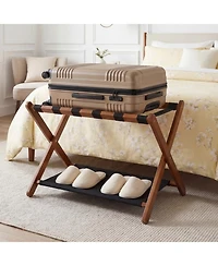 Sugift Solid Rubberwood Folding Luggage Rack with Nylon Shelves