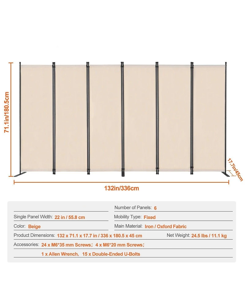 Slickblue Freestanding Folding Room Partition, 6 Panel Privacy Divider for Living Room Bedroom Office