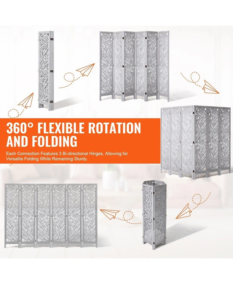 Slickblue Portable 6 Panel Wooden Room Divider, Carved Folding Privacy Screen for Bedroom Office Home