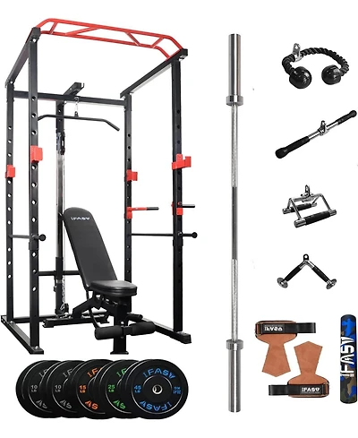 Sevorley Home Gym Power Cage Set with Lat Pulldown 210 lb Bumper Plates Bench Barbell and Cable Attachments