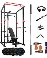 Sevorley Home Gym Power Cage Set with Lat Pulldown 210 lb Bumper Plates Bench Barbell and Cable Attachments