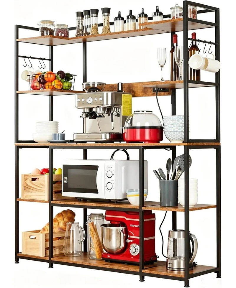 homfan 4-Tier Industrial Baker's Rack with Power Outlet, 6 Hooks and Wire Basket, Adjustable Feet