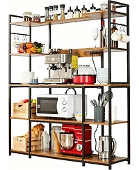 homfan 4-Tier Industrial Baker's Rack with Power Outlet, 6 Hooks and Wire Basket, Adjustable Feet