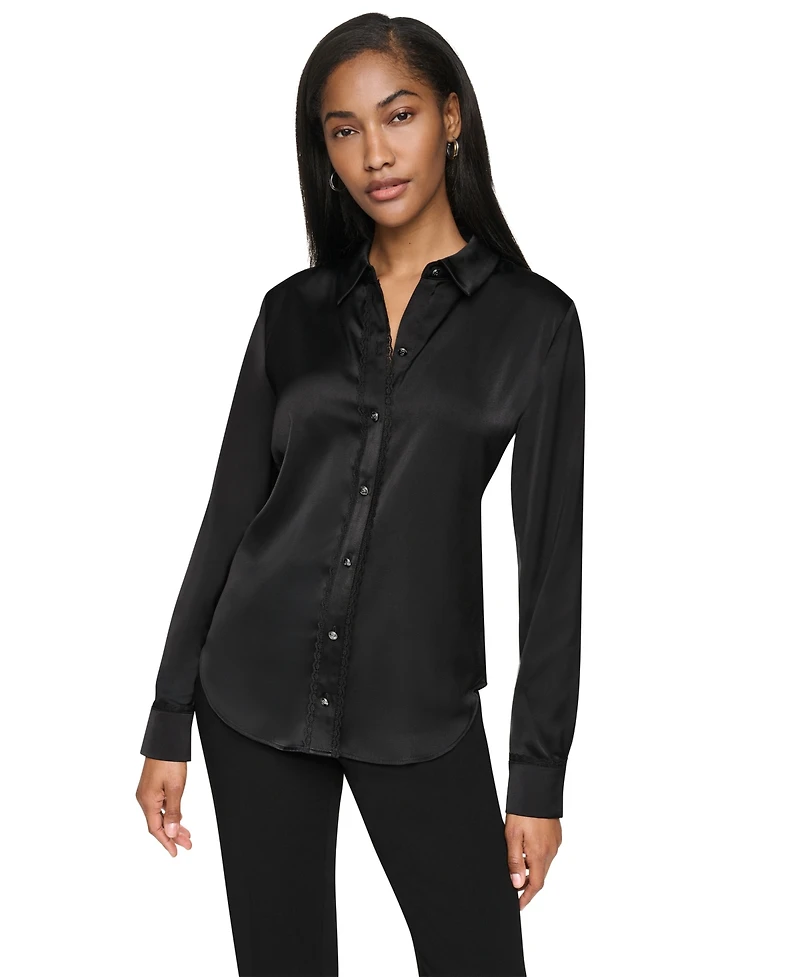 Dkny Women's Long-Sleeve Lace-Trim Point-Collar Blouse