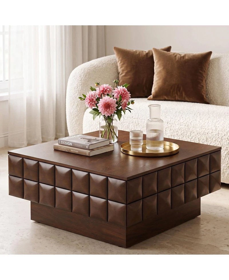 flynama 32.7" Square Walnut Coffee Table with 3D Cube Texture