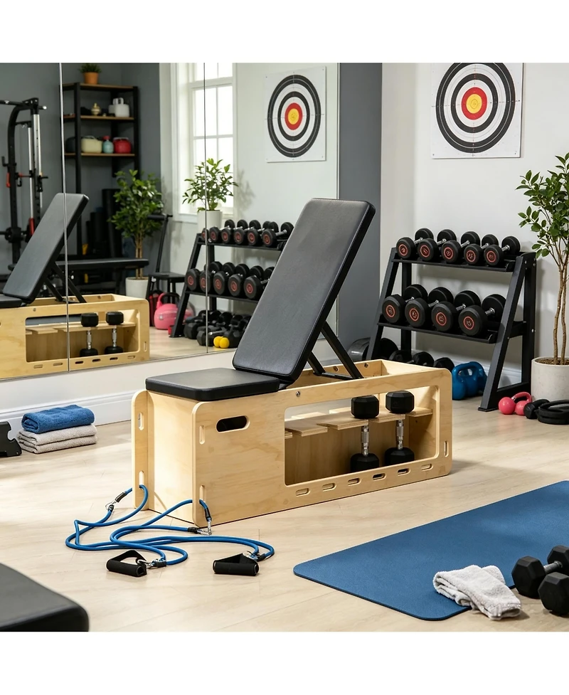 Sevorley Adjustable Weight Bench with Dumbbell Rack and Storage Compartment, Fold Flat Exercise Bench with Resistance Bands