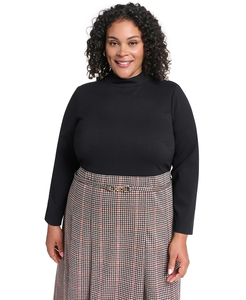 Eliza J Plus Mock-Neck Long-Sleeve Twofer Midi Dress