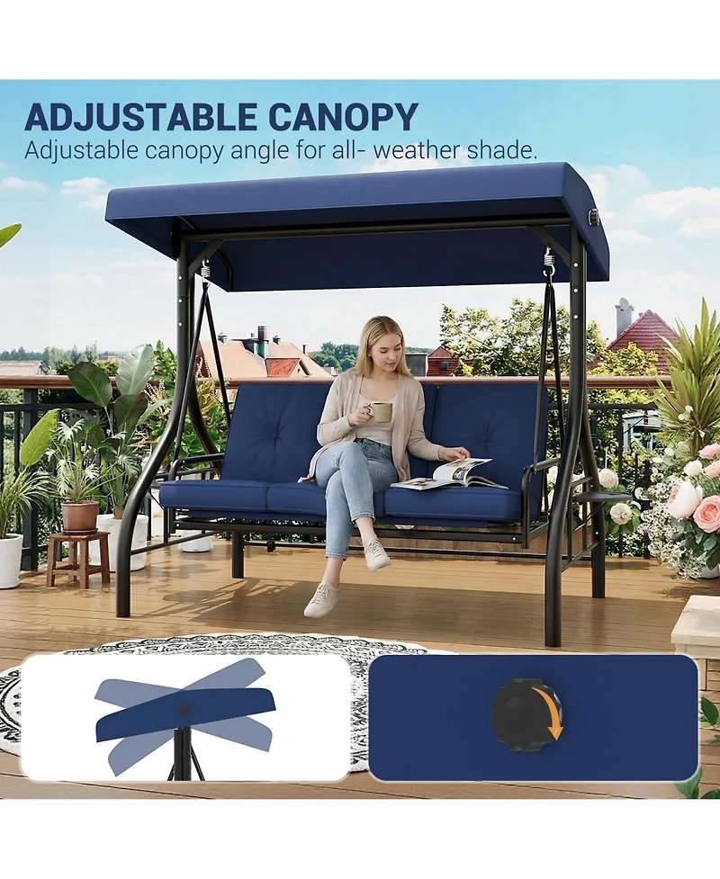 gaomon 3 Seat Outdoor Porch Swing Chair with Adjustable Canopy Convertible Swing Bed with Soft Cushions and Cup Holders