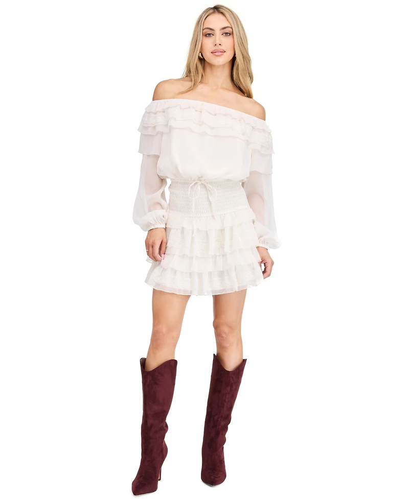 Kittenish Women's Imogen Yoryu Off-the-Shoulder Long-Sleeve Lace Mini Dress