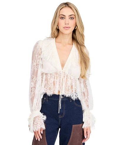 Kittenish Women's Mila Eyelash Lace Long-Sleeve V-Neck Blouse