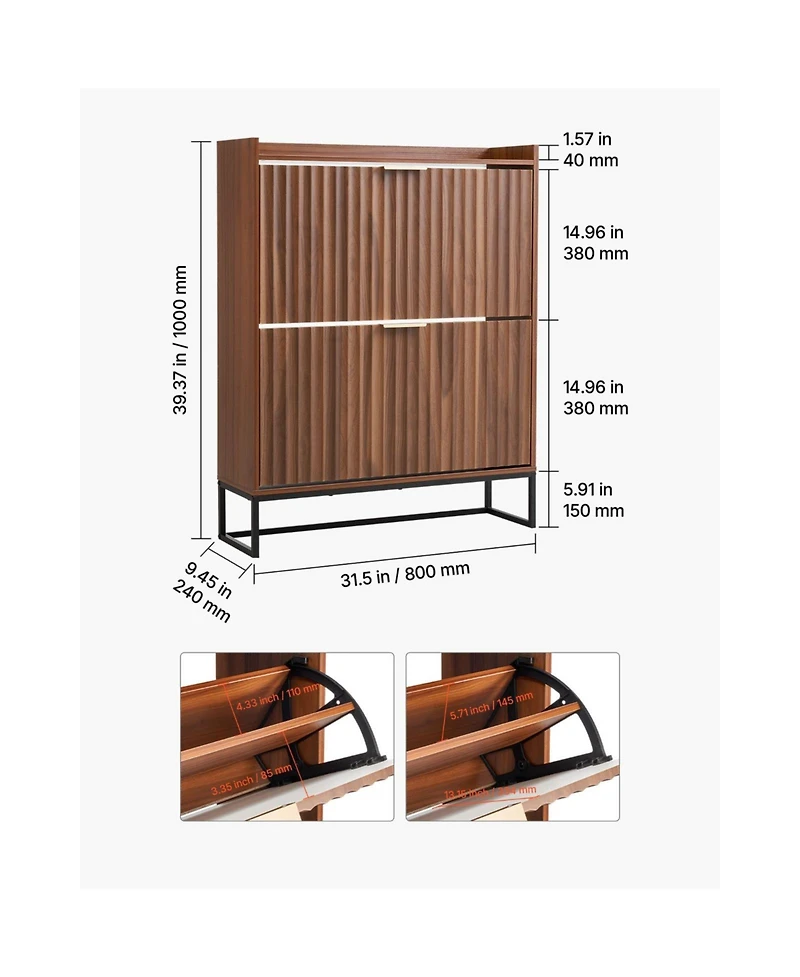 Slickblue Fluted Shoe Storage Cabinet with 2 Flip Drawers, Freestanding Organizer for Hallway Bedroom