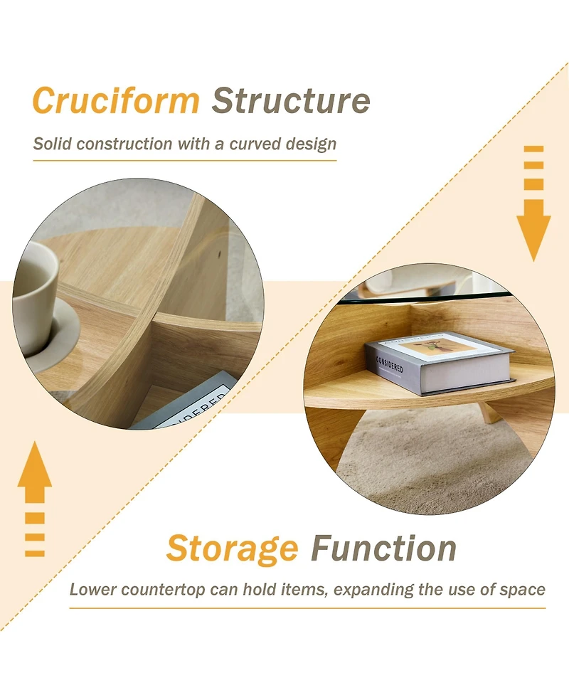 flynama 31.5 Inch Round Tempered Glass Coffee Table, Fan-Shaped Wood Grain Pedestal Table for Living Room and Office