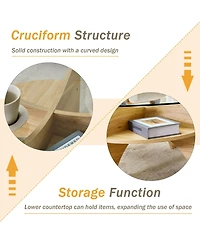 flynama 31.5 Inch Round Tempered Glass Coffee Table, Fan-Shaped Wood Grain Pedestal Table for Living Room and Office