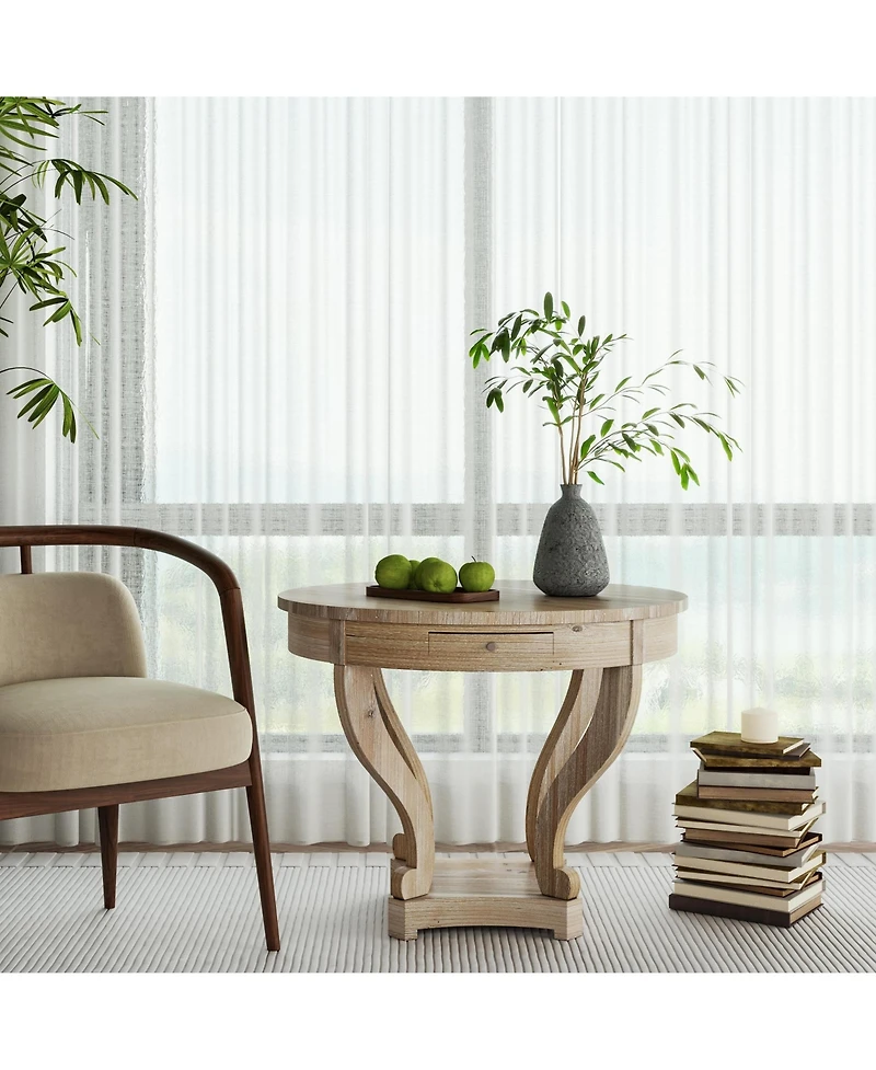 Flynama Farmhouse Round End Table 2 Drawer Mdf Veneer Accent Side Table Natural Wood