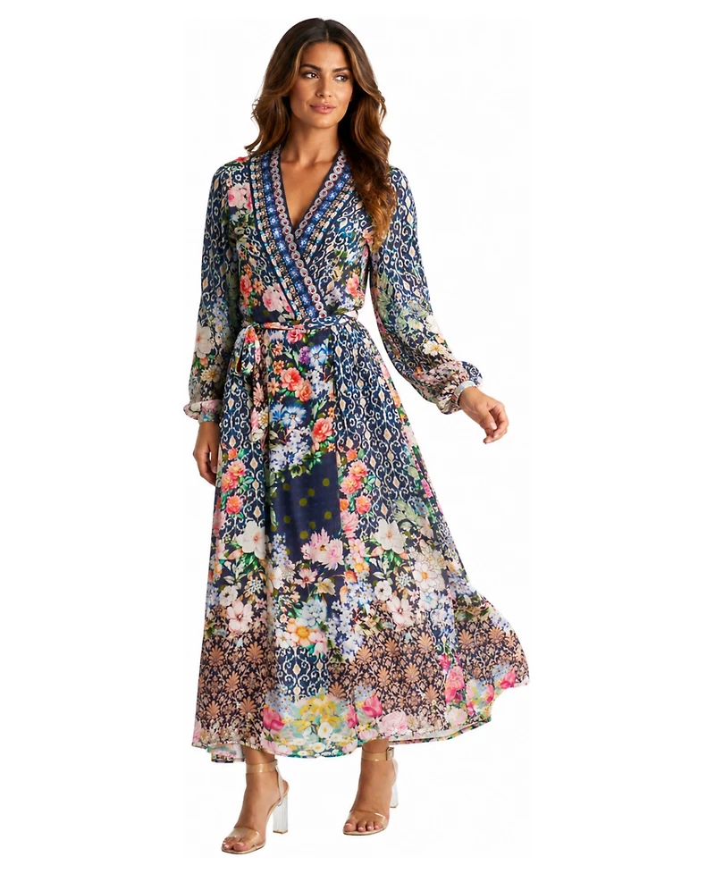 La Moda Clothing Women's Floral-Patchwork Long-Sleeve Wrap Maxi Dress