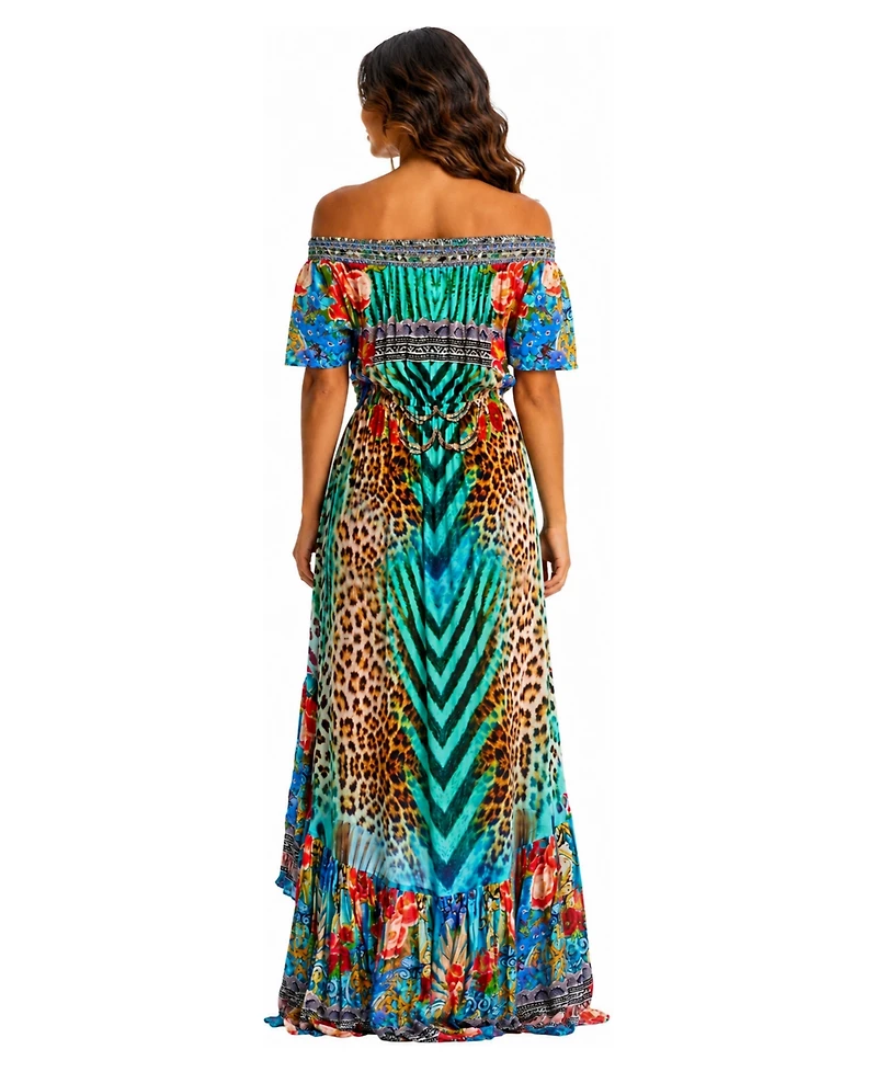 La Moda Clothing Women's Off-the-Shoulder Tiered High-Low Maxi Dress