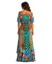 La Moda Clothing Women's Off-the-Shoulder Tiered High-Low Maxi Dress