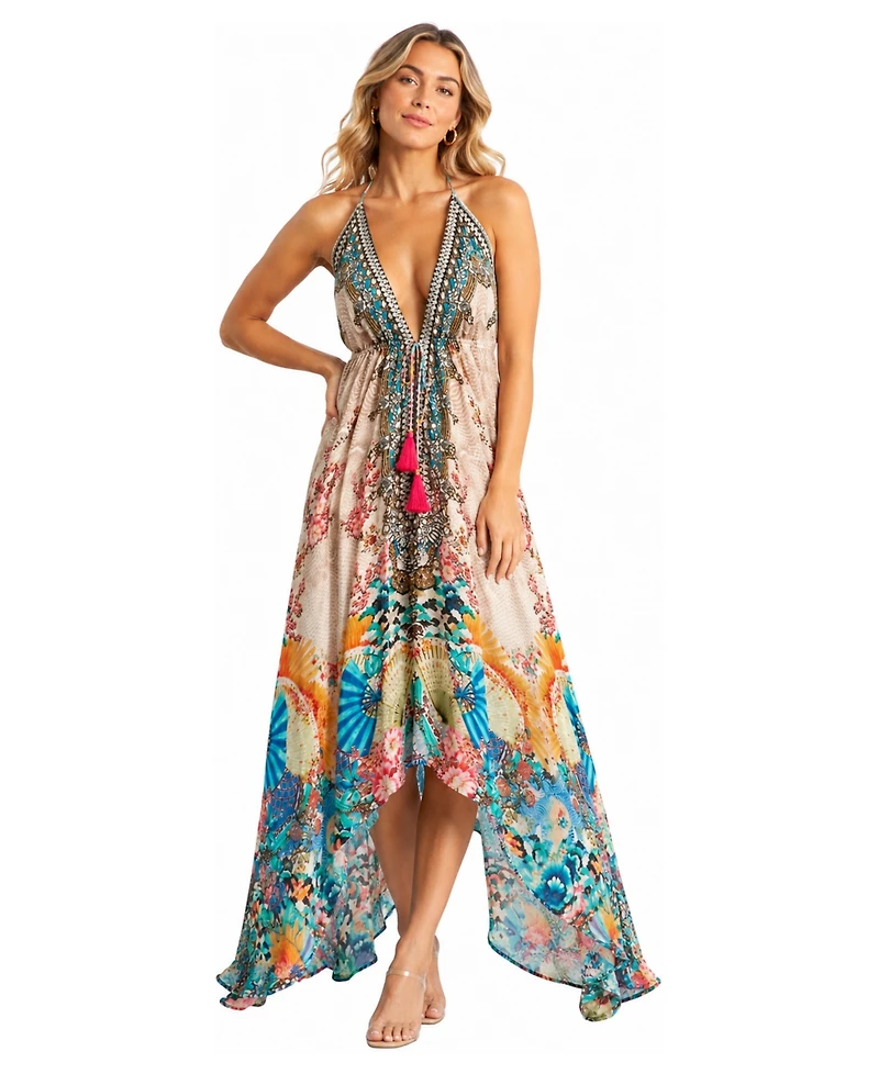 La Moda Clothing Women's Floral Halter Plunge Maxi Dress