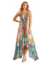 La Moda Clothing Women's Floral Halter Plunge Maxi Dress