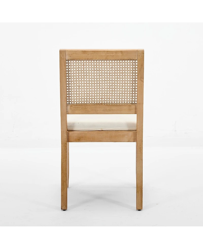 Flynama Set of 2 Solid Hardwood Cane Rattan Linen Upholstered Farmhouse Dining Side Chairs