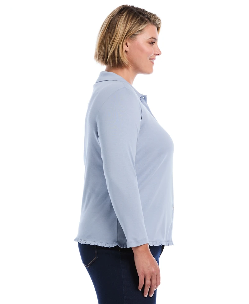 Rafaella Plus Long-Sleeve Point Collar Ruffle-Trim Top