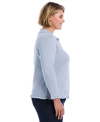 Rafaella Plus Long-Sleeve Point Collar Ruffle-Trim Top