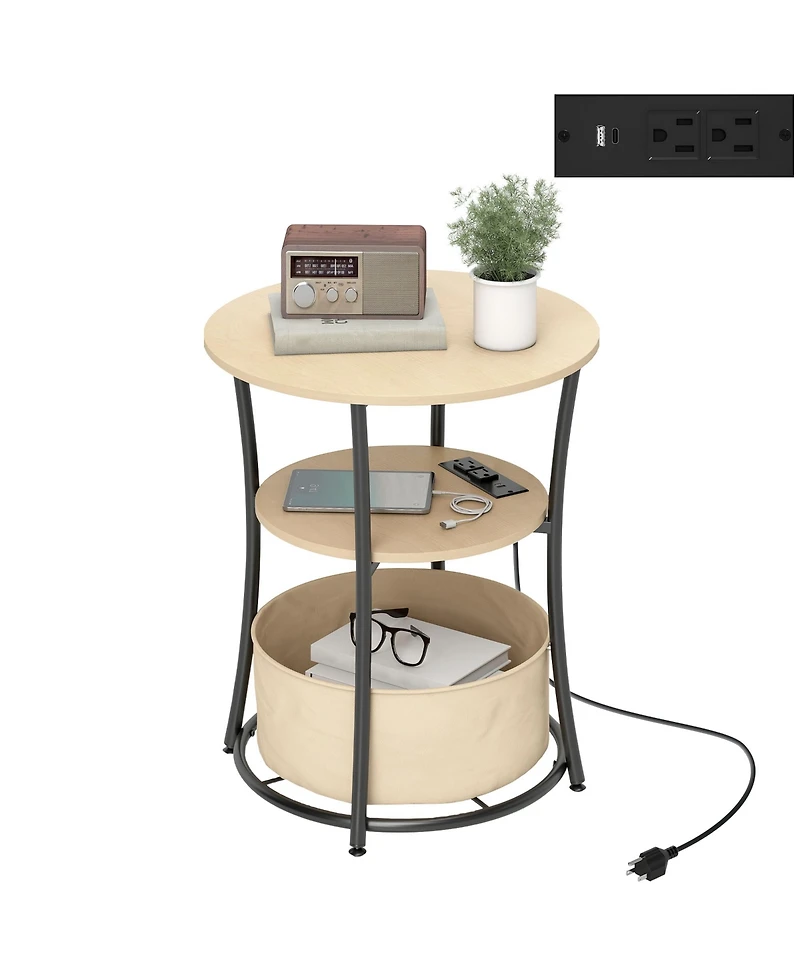 Flynama Round Side Table with Charging Station 3 Tier Storage Fabric Bag