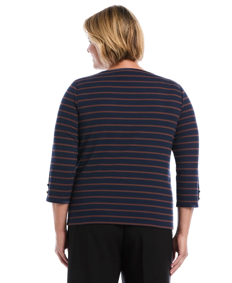 Rafaella Plus Striped Boat Neck 3/4-Sleeve T-Shirt