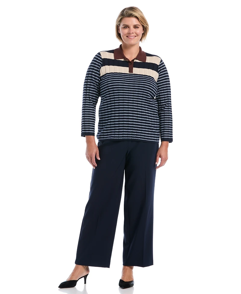 Rafaella Plus Striped Polo 3/4 Sleeve Sweater