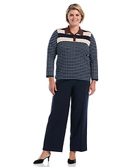 Rafaella Plus Striped Polo 3/4 Sleeve Sweater