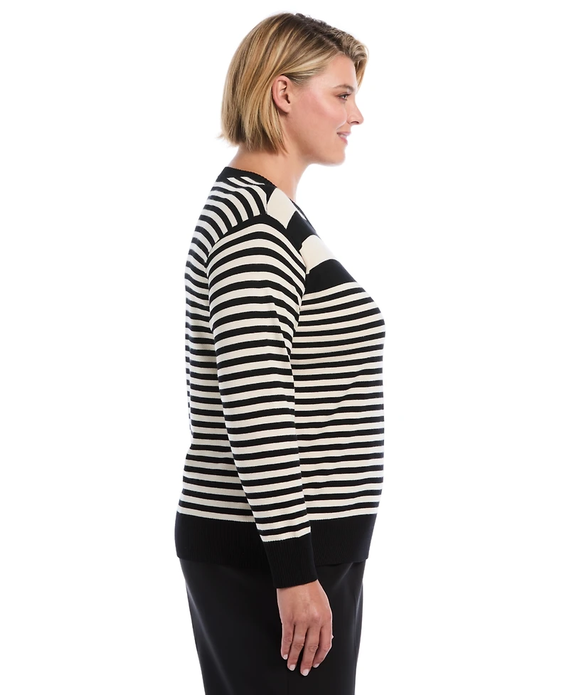 Rafaella Plus Striped Crewneck Ribbed Trim Pullover Sweater